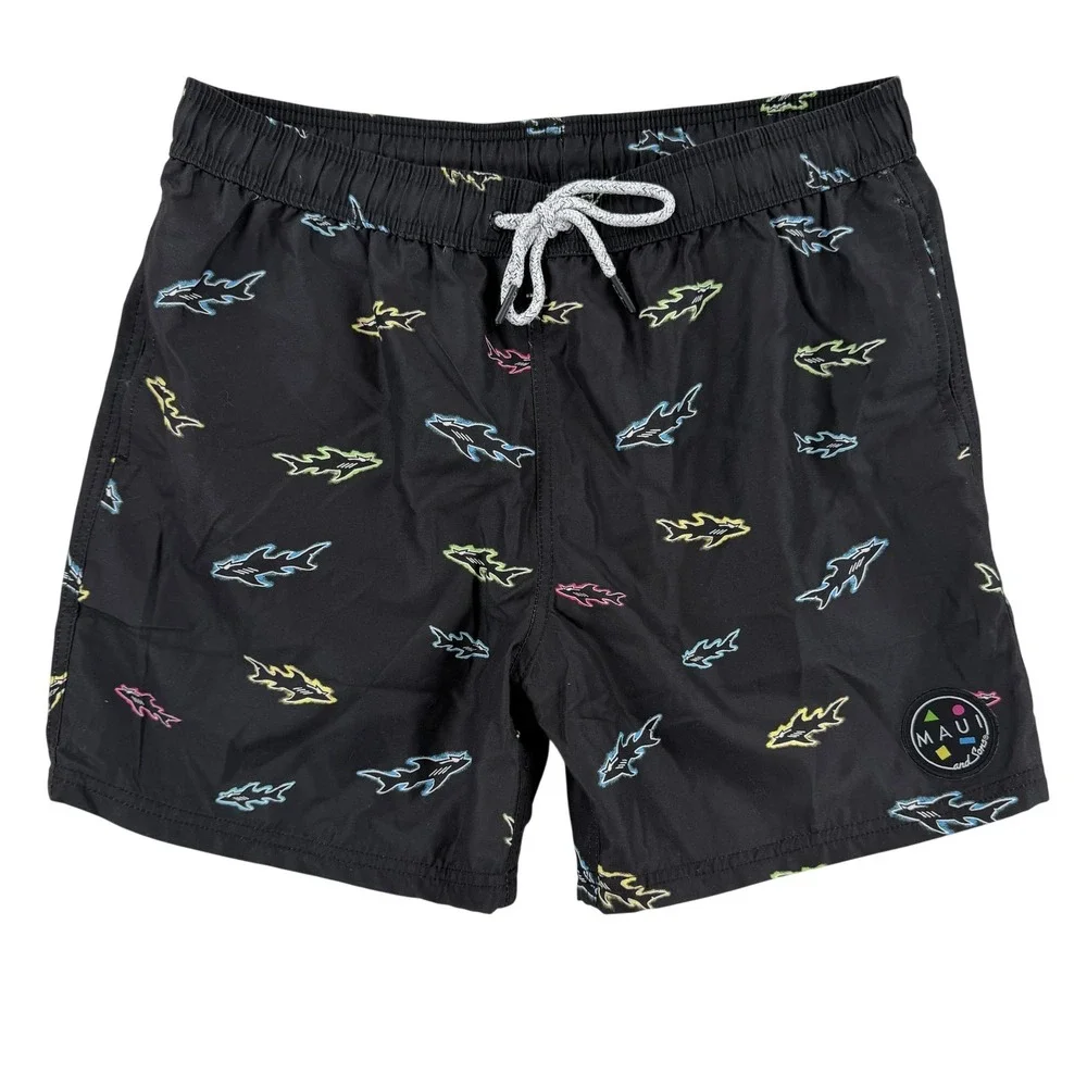 Maui And Sons Swim Shorts Mens Large Black Shark Print Trunks Quick Dry Beach